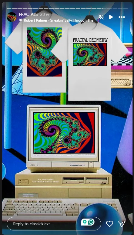 Instagram story showing the Classic Kicks x Tim Waters Fractal Geometry t-shirt on an Amiga-era computer setup