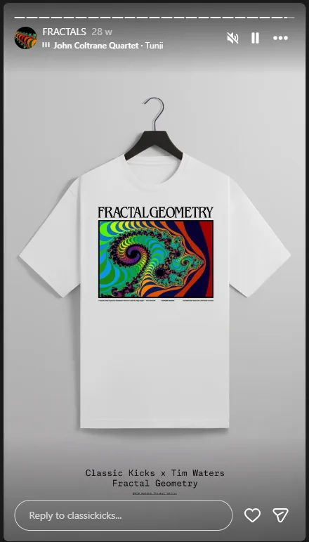Instagram story showing the Classic Kicks x Tim Waters Fractal Geometry t-shirt on a hanger